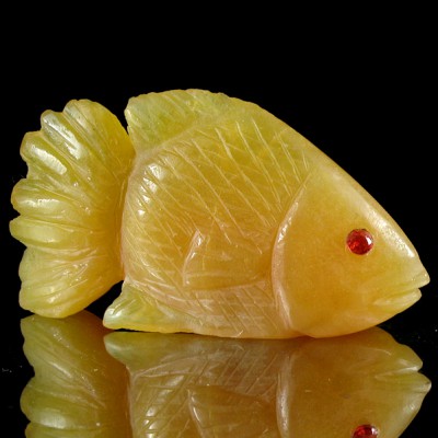 KG-005 Hand carved Genuine Gemstone Fire Opal in Fish Shape Statue with 2 Genuine Red Ruby Inlaid in The Eyes